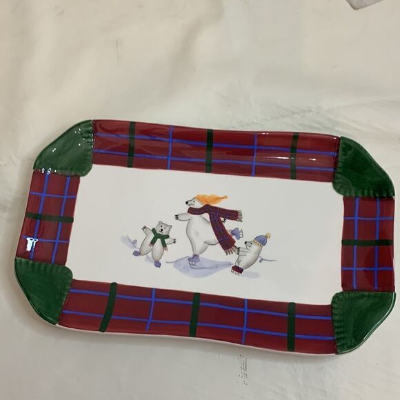 Pfaltzgraff Polar Bears Christmas Holiday Serving Platter Red Green 13 Inch Long - Picture 2 of 5